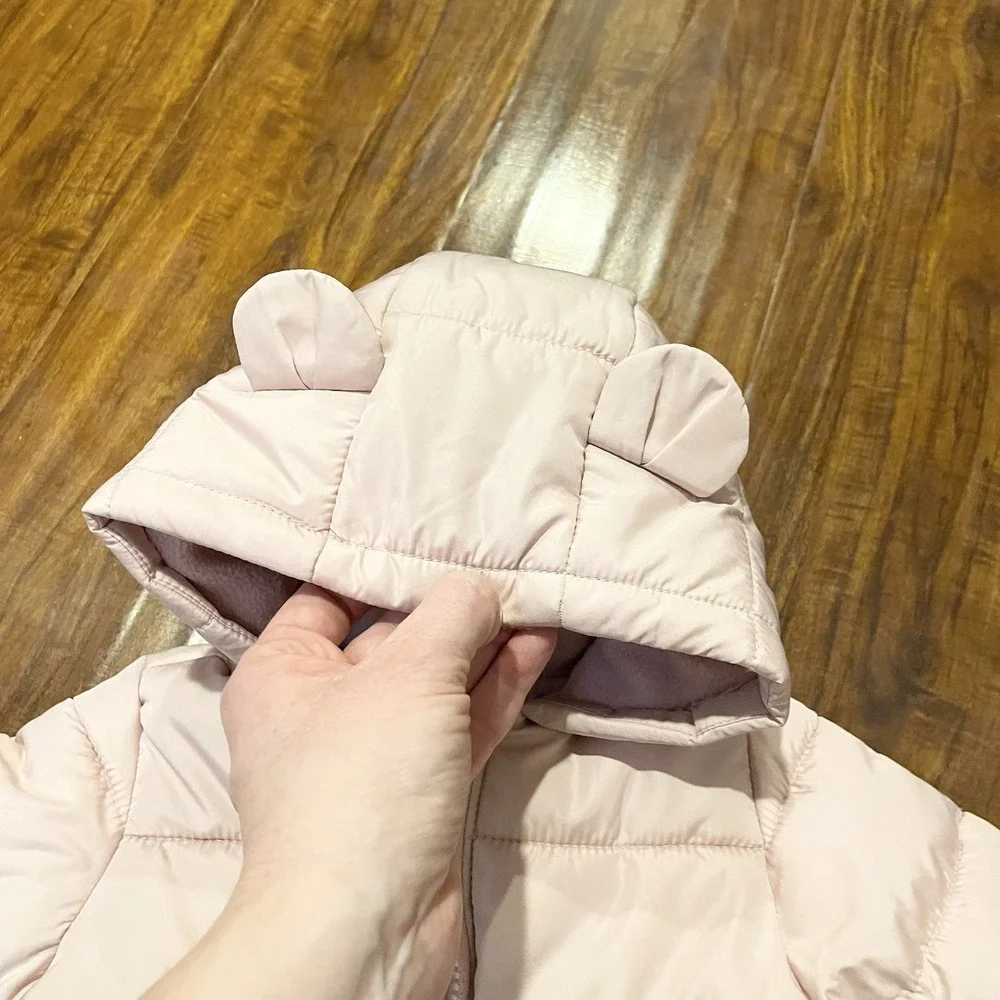 Old Navy Baby Puffer Coat Blush Pink Bear Ear‎ Hood Size 3-6 Months Fleece Lined
